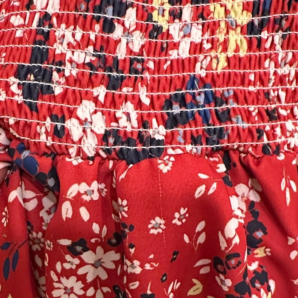 Parker Red Floral Blue Yellow White Print V-Neck Ruffle Elastic Mini Dress XS - Picture 5 of 7